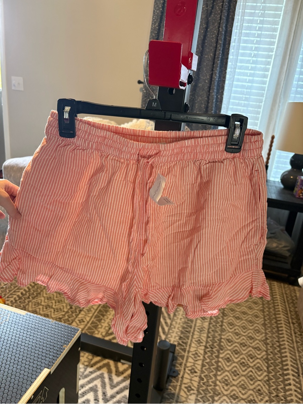 American Eagle Outfitters Pink & White Striped Ruffle Hem High Waist Shorts